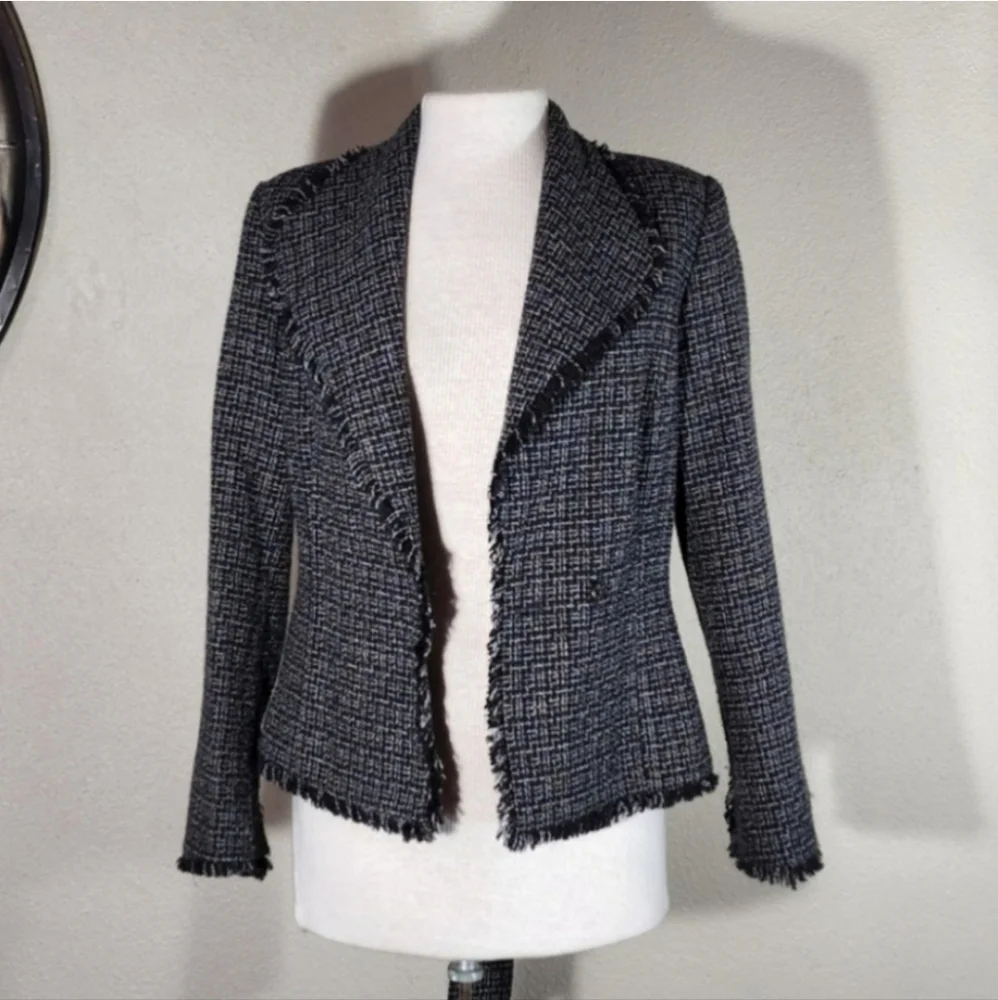Supply & Demand Wool Blend Tweed Jacket Black Size S Frayed Edges